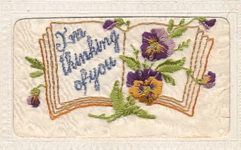 Featured is a postcard image of a bit of antique embroidery ... crewel work actually ... that was framed and made into a postcard.  The original postcard - used, but no postal markings - is for sale in The unltd.com Store.